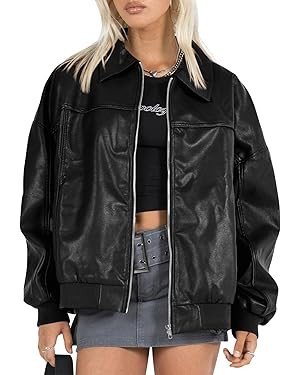 Tankaneo Womens Faux Leather Jackets Oversized Bomber Casual Fall Fashion Zip Up Moto Biker Coats | Amazon (US)