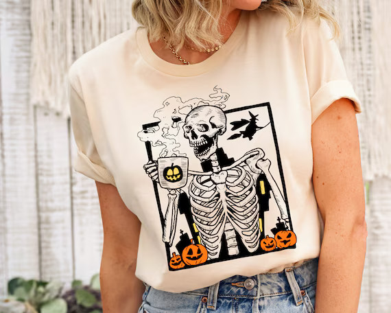 Skeleton Coffee  Halloween Tshirt Halloween Shirt Fall - Etsy | Etsy (US)