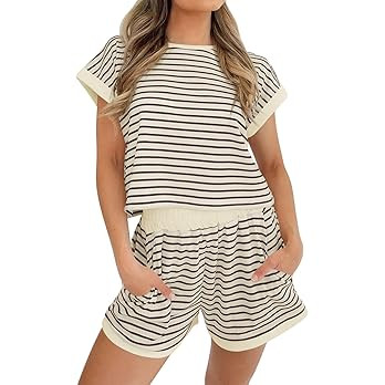Tankaneo Womens Summer 2 Piece Sets Striped Short Sleeve T Shirts and Shorts Loungewear Matching ... | Amazon (US)