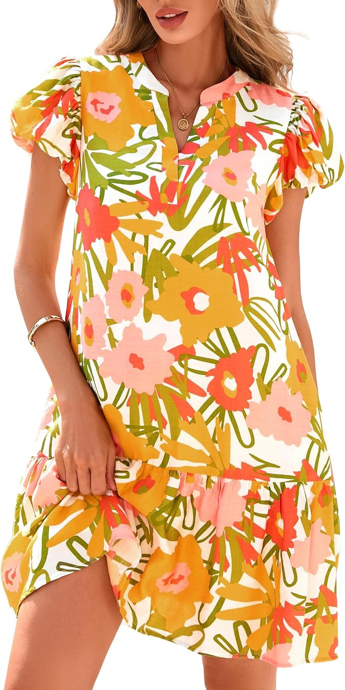 dowerme Womens Summer Dresses 2026 Puffy Sleeve V Neck Loose Floral Print A Line Boho Mini Babydo... | Amazon (US)