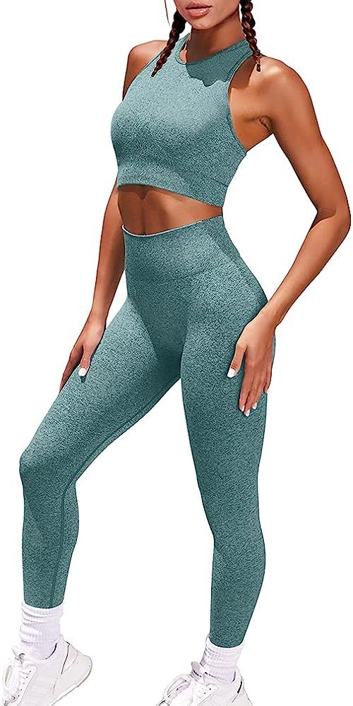 OQQ Women Seamless Leisure Yoga Outfits 2 Piece Workout Gym Leggings Racerback Padded Sports Bra Set | Amazon (US)