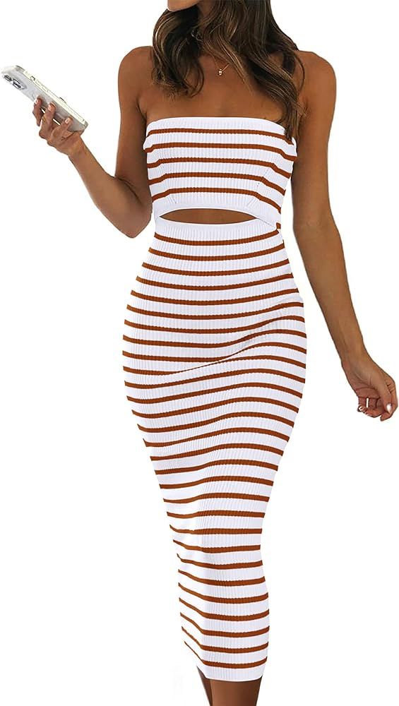 PRETTYGARDEN Women's Summer Midi Bodycon Dress Strapless Cut Out Knit Tube Long Fitted Dresses | Amazon (US)