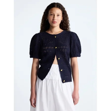 Free Assembly Women s and Women s Plus Pineapple Cardigan Sweater with Short Puff Sleeves Lightweight Sizes XS-4X | Walmart (US)