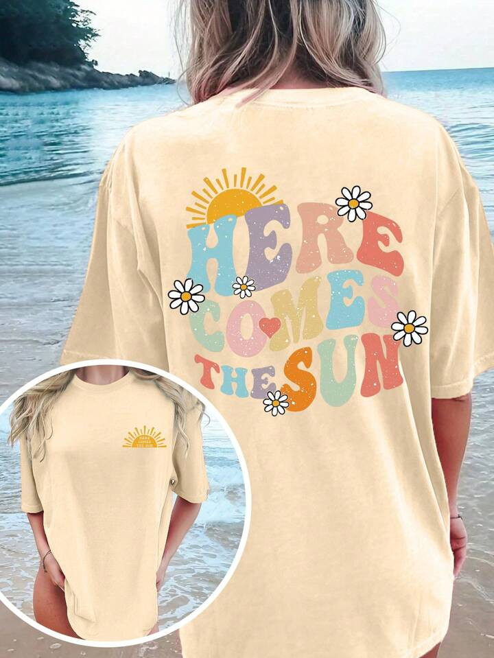 SHEIN EZwear Women's Summer Daisy Print Round Neck Drop Shoulder Casual Casual T-Shirt | SHEIN