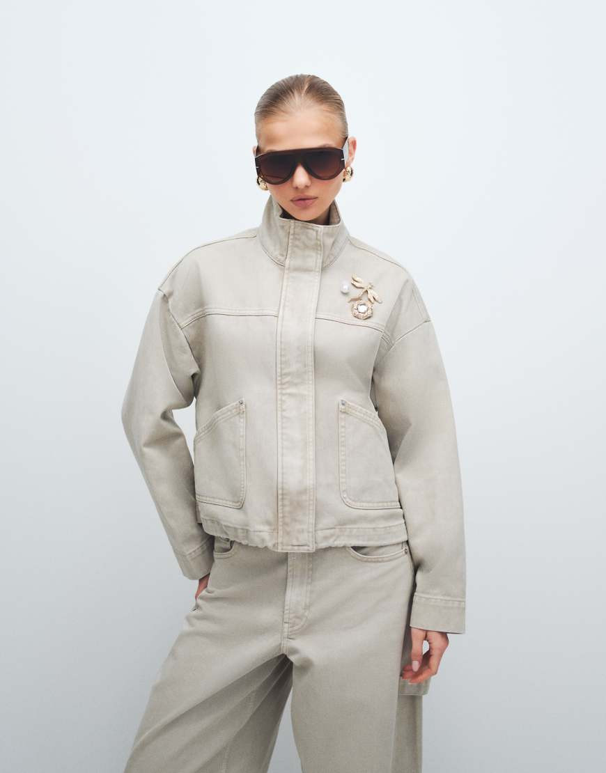 ASOS DESIGN denim funnel neck jacket co-ord in neutral-White | ASOS (Global)