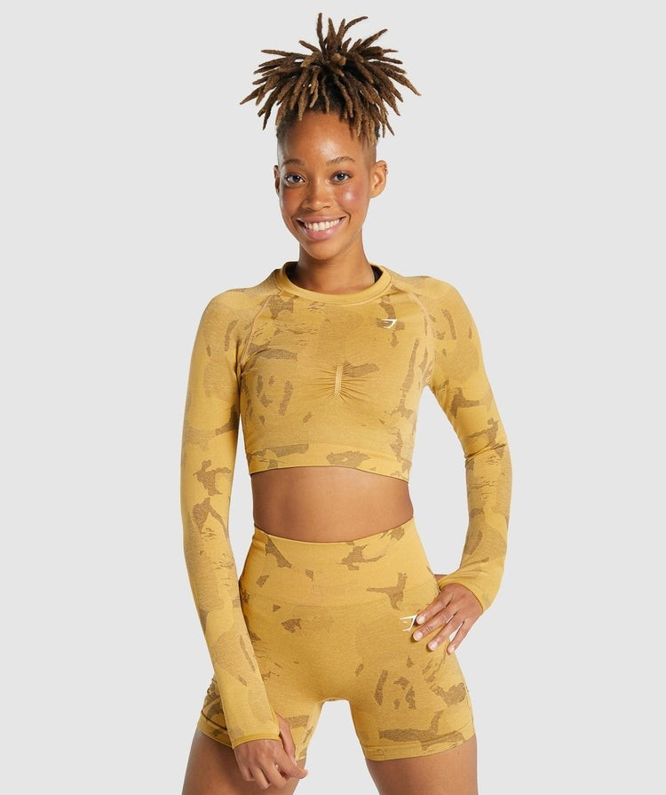 Gymshark Adapt Camo Seamless Long Sleeve Crop Top - Savanna | Yellow | Gymshark (Global)