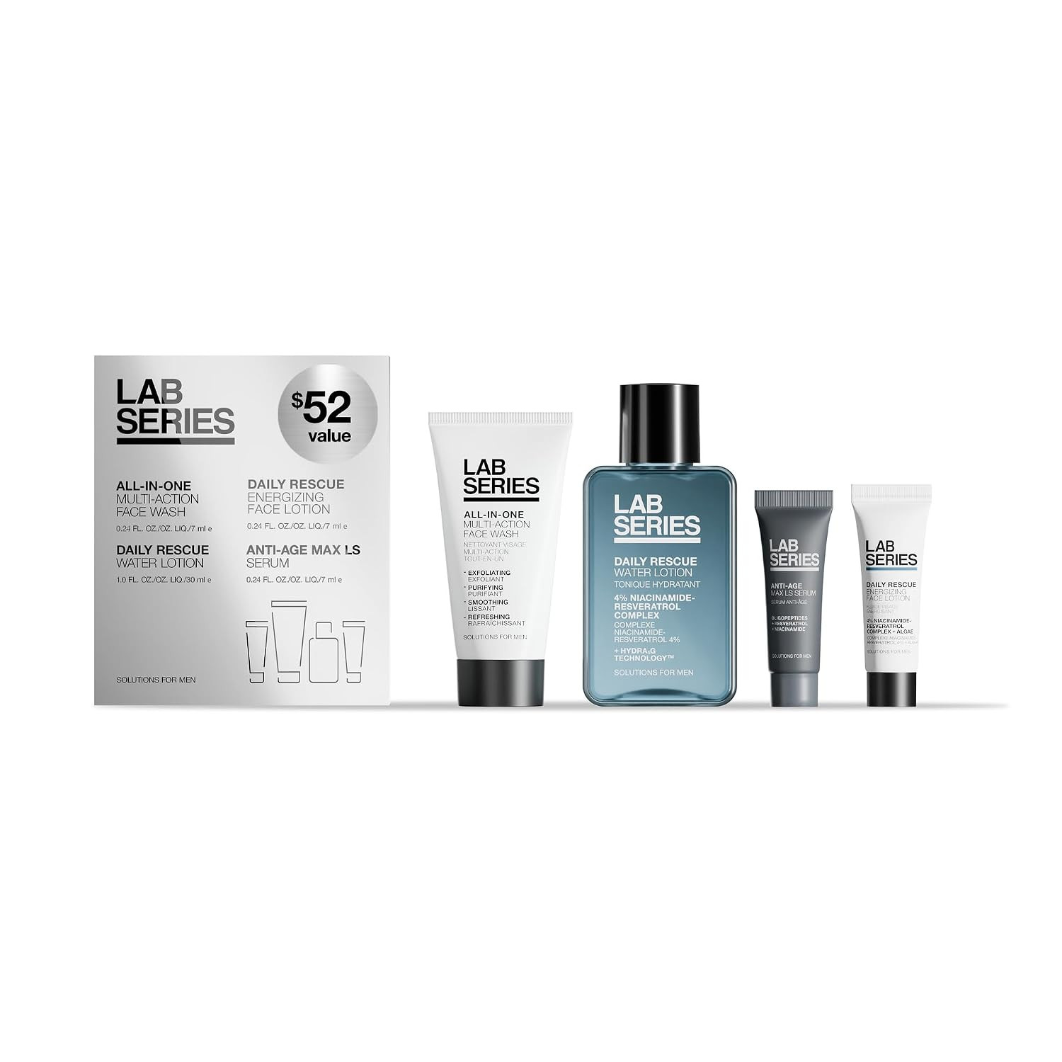Lab Series Travel Size Essentials Skin Care Gift Set For Men - Includes All-In-One Face Wash 1 Fl Oz, Daily Rescue Face Toner 1 Fl Oz, Daily Rescue Face Lotion 0.2 Fl Oz & Max LS Face Serum 0.2 Fl Oz | Amazon (US)