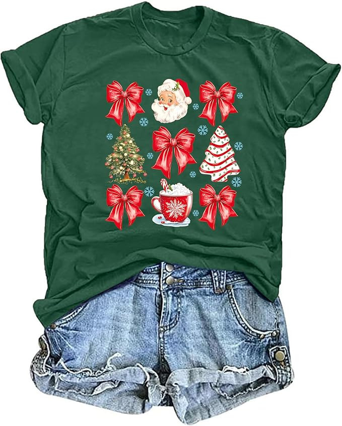 Christmas T Shirt for Women: Christmas Tree Tees Xmas Satan Claus Print T-Shirt Tops | Amazon (US)