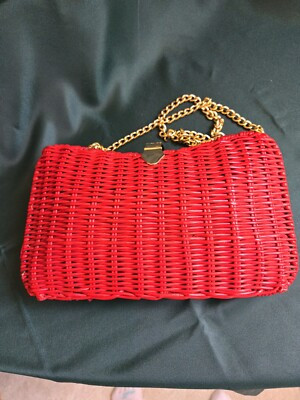 Vintage Red Woven Basket Hand Bag Purse with Gold Chain and Buckle Mod 60s 70s  | eBay | eBay US