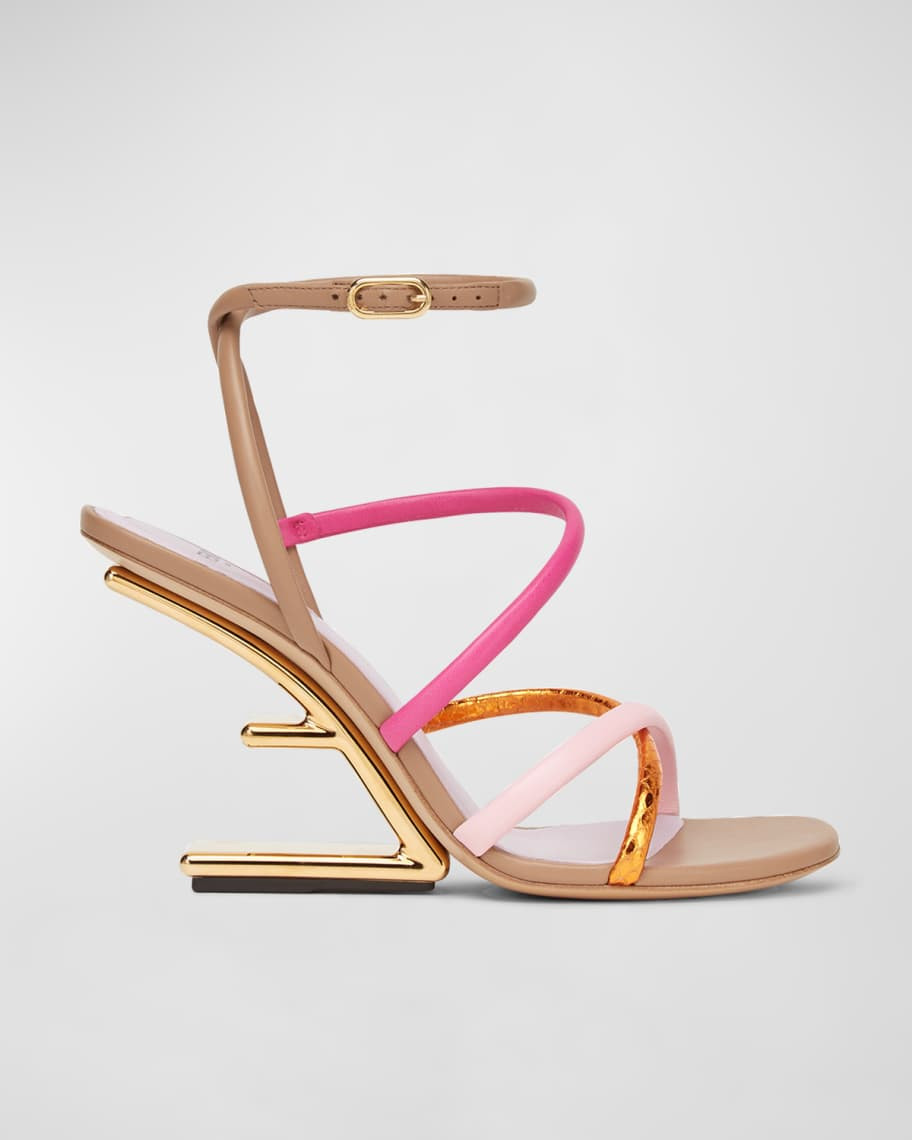 Fendi Colorblock Strappy Napa Architectural-Heel Sandals | Neiman Marcus