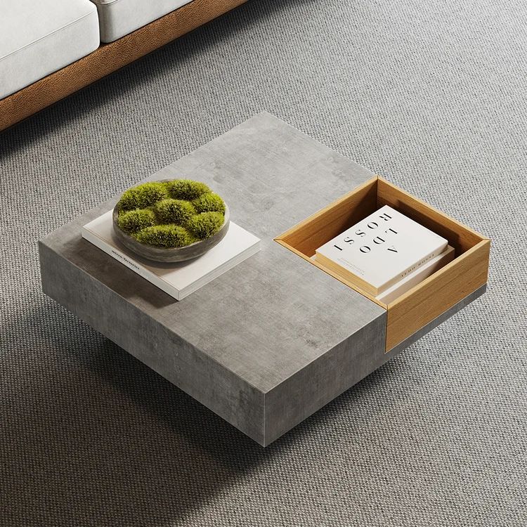 27.6" Japandi Wooden Square Coffee Table with Open Storage Concrete Gray & Natural | Homary