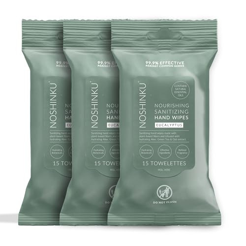 Noshinku Eucalyptus Hand Sanitizer Wipes, 3-Pack (45 Towelettes) – Resealable Travel Wipes with Ethyl Alcohol, Aloe & Green Tea, Plant-Based Fiber, Essential Oil Scents, Cruelty-Free & No Dyes | Amazon (US)