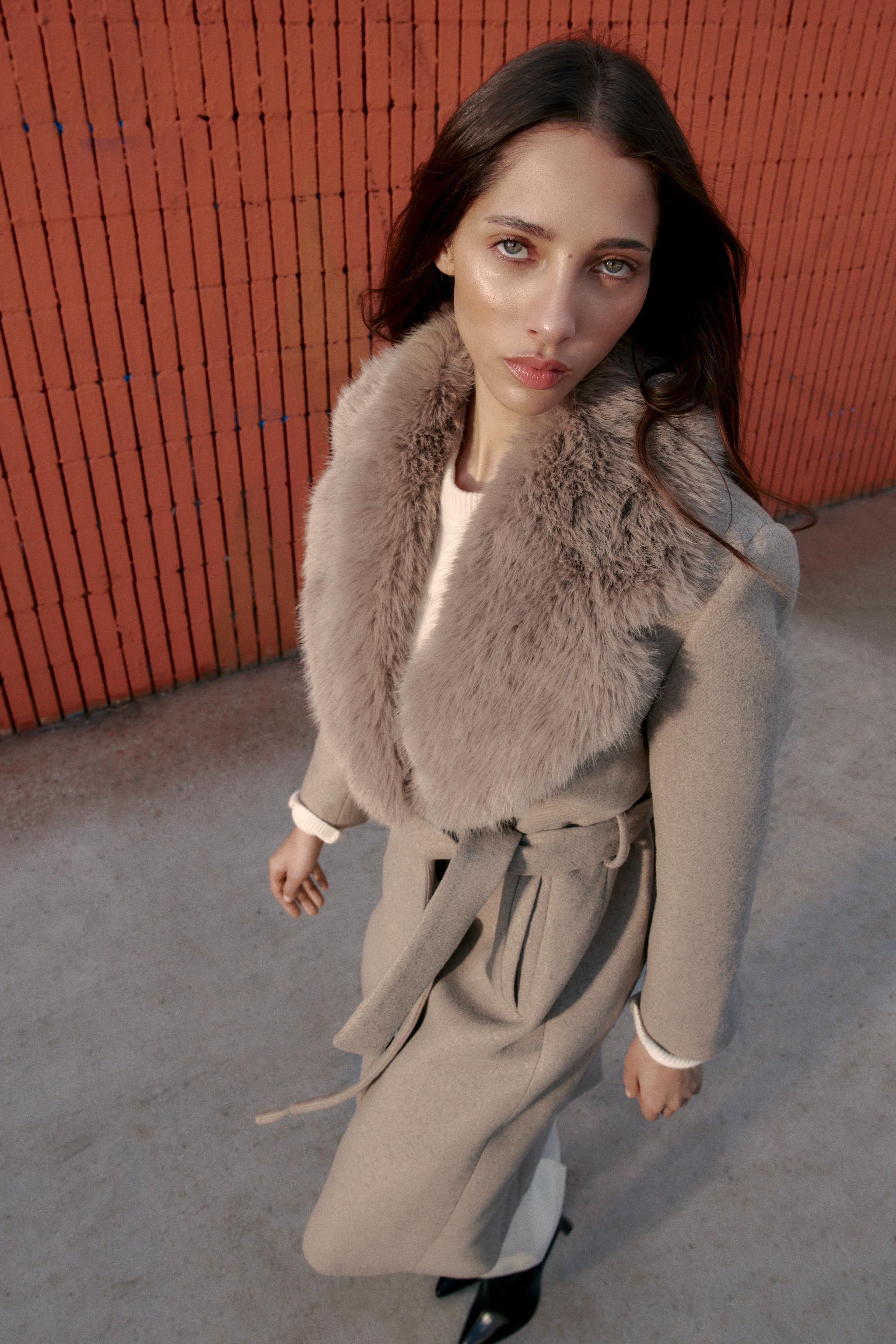 WOOL COAT WITH FAUX FUR LAPEL AND BELT | Zara US