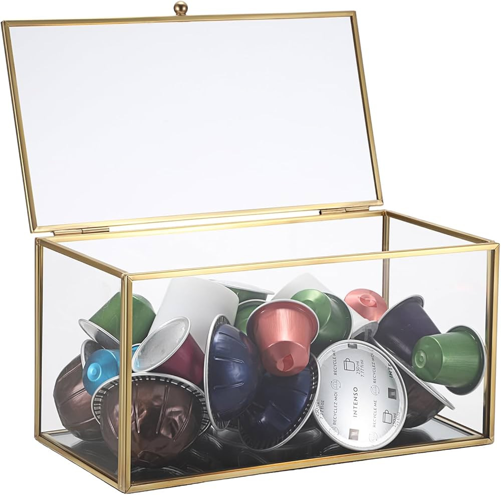 ELLDOO Gold Glass Coffee Pods Holder, Coffee Capsule Storage Box with Lid, Tea Bags Sugar Packets... | Amazon (US)