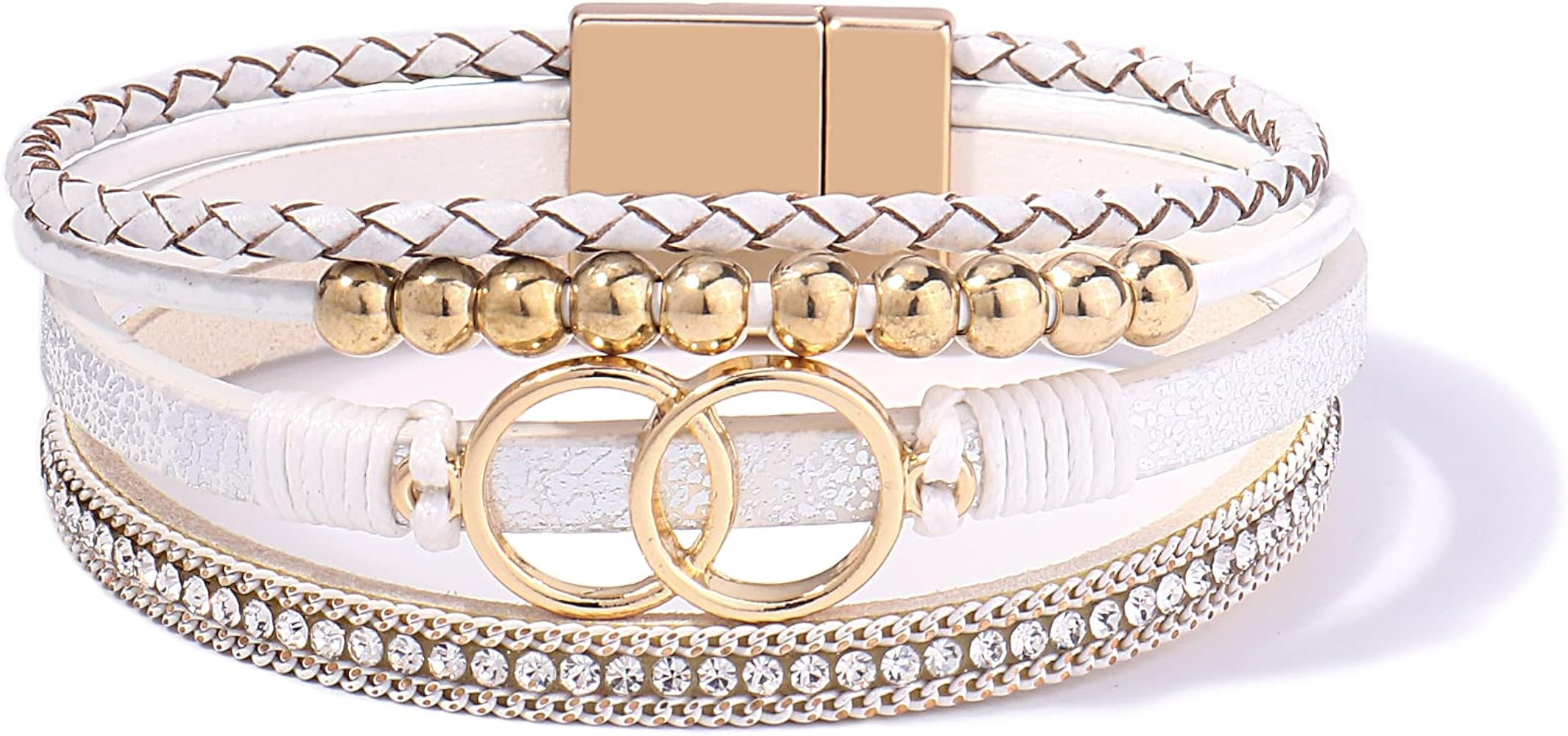 FANCY SHINY Boho Wrap Bracelets Leather Cuff Bangle Gold Beaded Bracelets for Women Stackable Inf... | Amazon (US)