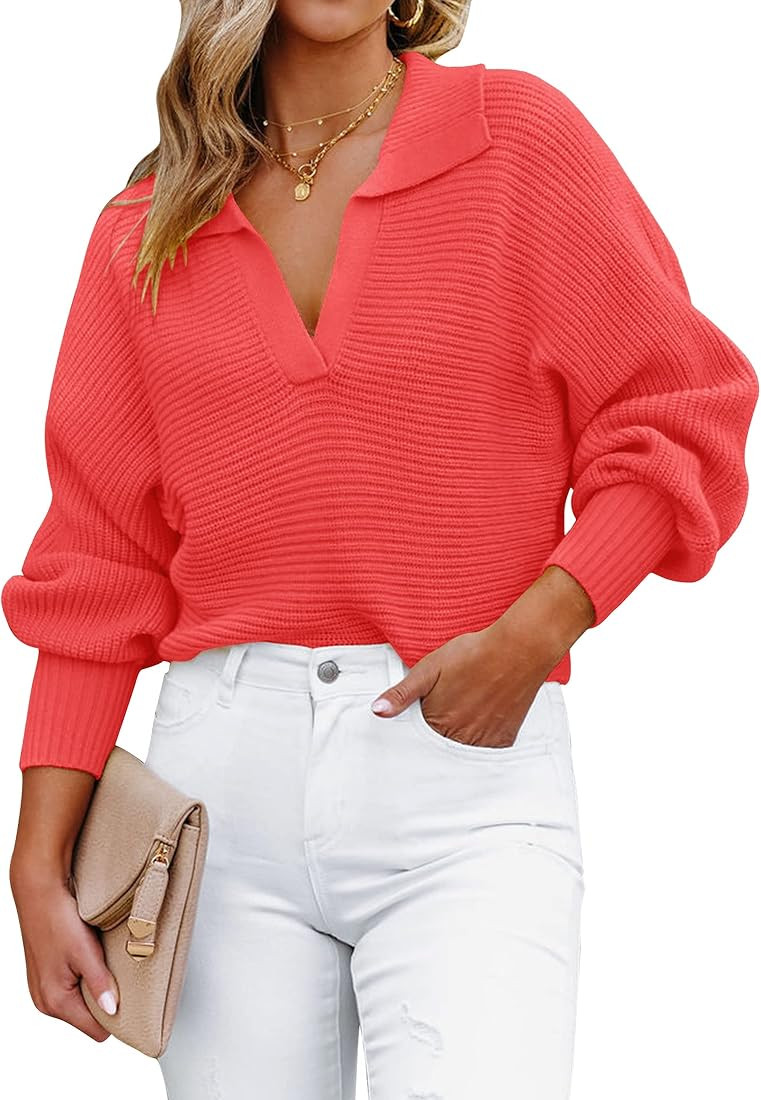 ZESICA Women's Fall Lapel Collar V Neck Long Sleeve Ribbed Knit Comfy Loose Casual Pullover Sweater  | Amazon (US)