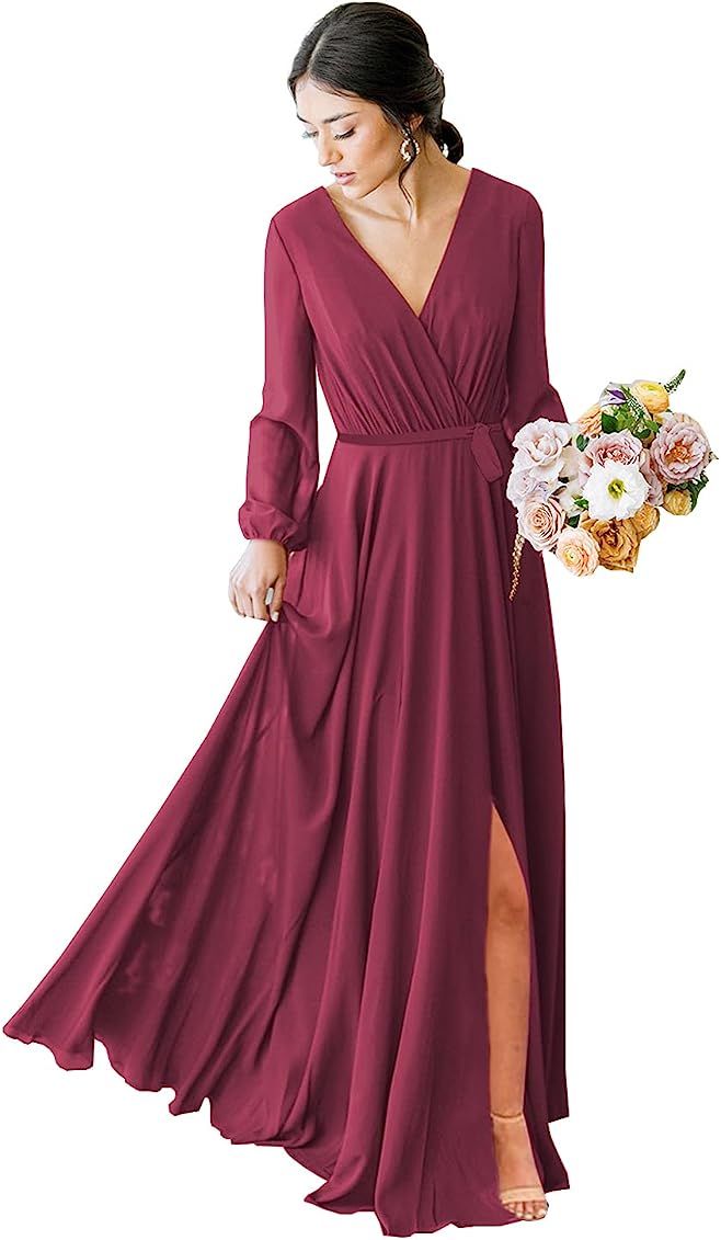 POMUYOO Women's V-Neck Long Sleeve Bridesmaid Dresses Chiffon Faux-Wrap Formal Prom Dress with Sl... | Amazon (US)