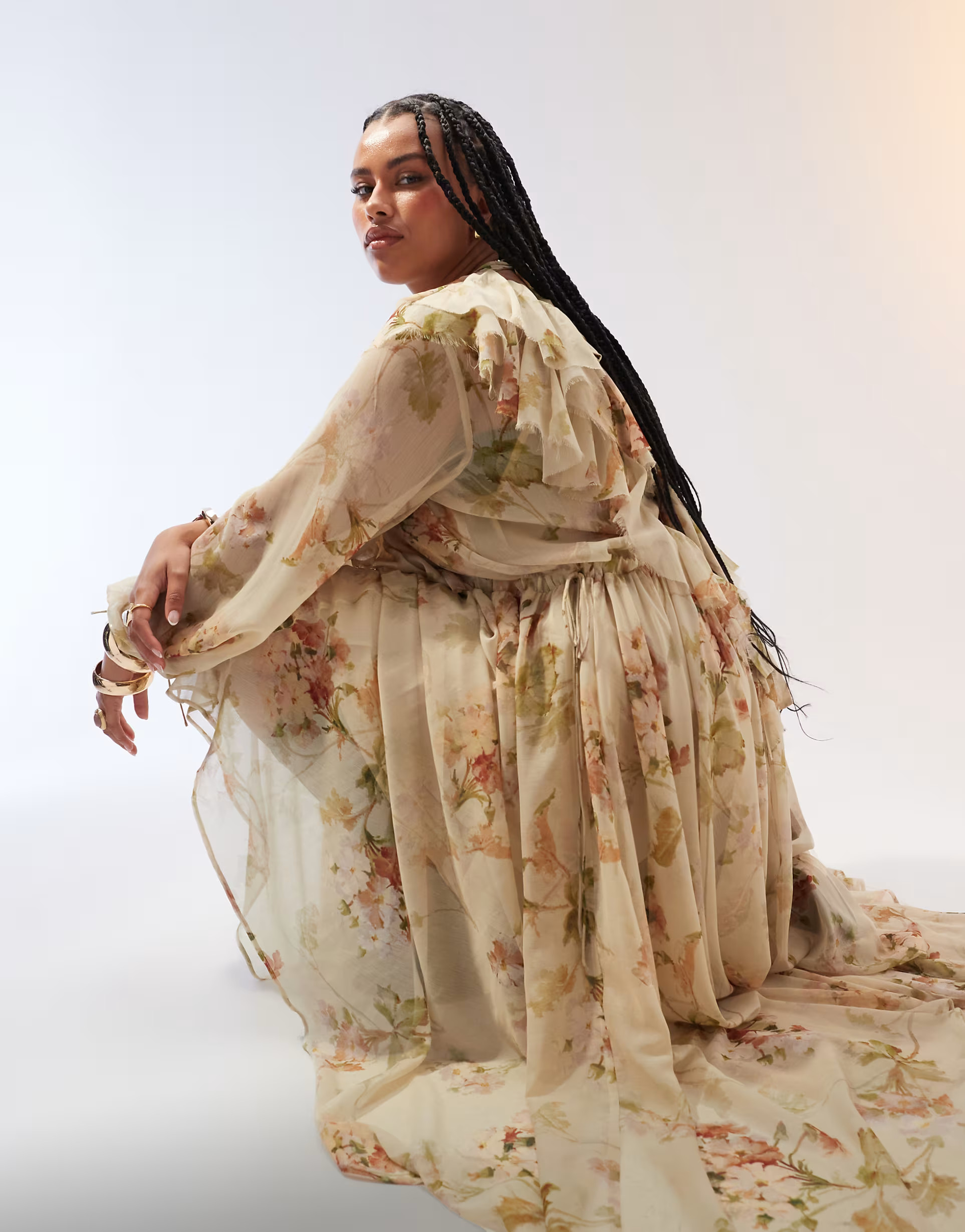 ASOS EDITION Curve raw edge ruffle maxi dress with drawstring waist in cream floral print | ASOS (Global)