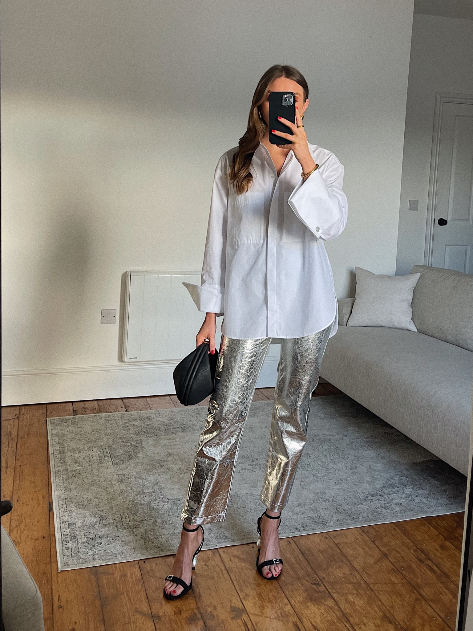 Festive evening outfit ideas
Dinner and drinks 
Wearing a small in the H&M shirt
A size 6 in the warehouse silver faux leather trousers, I’m 5ft 6
Songmont Luna bag
Heels are old river island 
