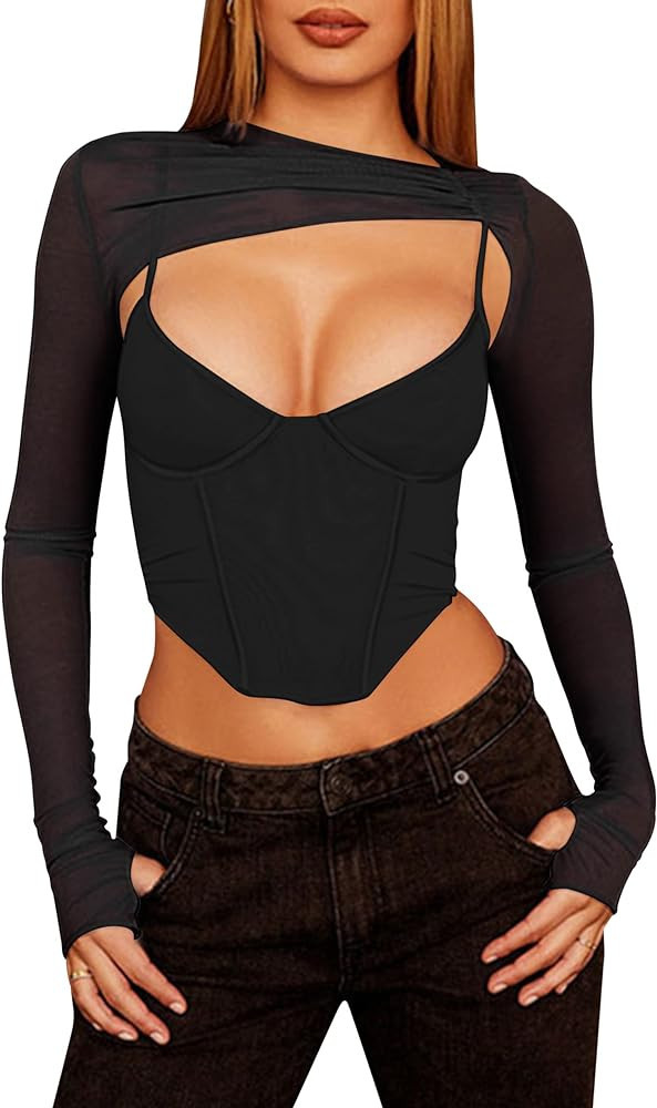 Meladyan Women Sexy Long Sleeve Mesh Crop Top Solid Cover Up Spaghetti Strap Slim Fit Corset Cami... | Amazon (US)