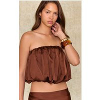 Chocolate Brown Satin Puffball Bandeau Top | PrettyLittleThing US