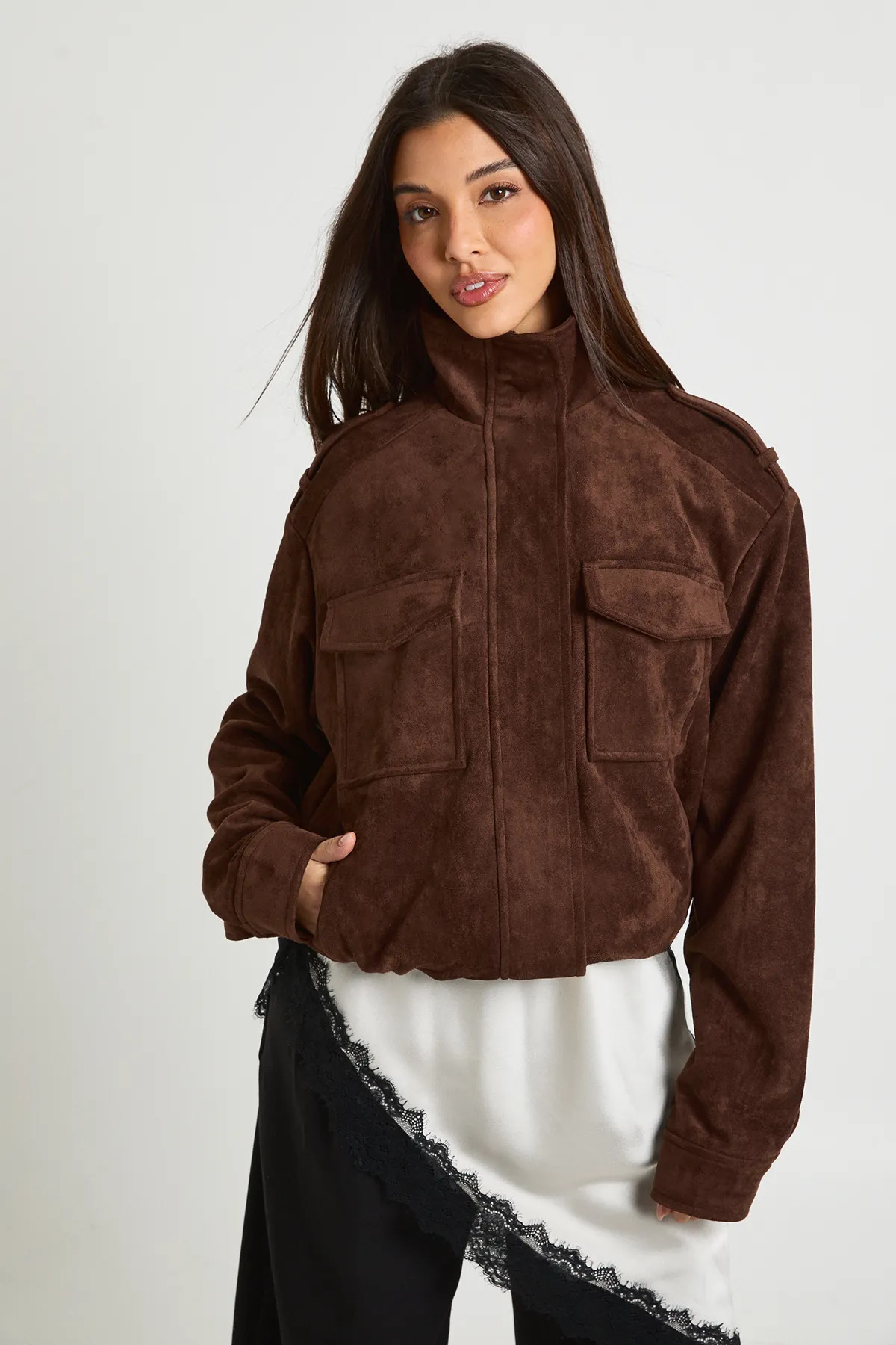 Funnel Neck Suede Pocket Detail Jacket | boohoo (US & Canada)