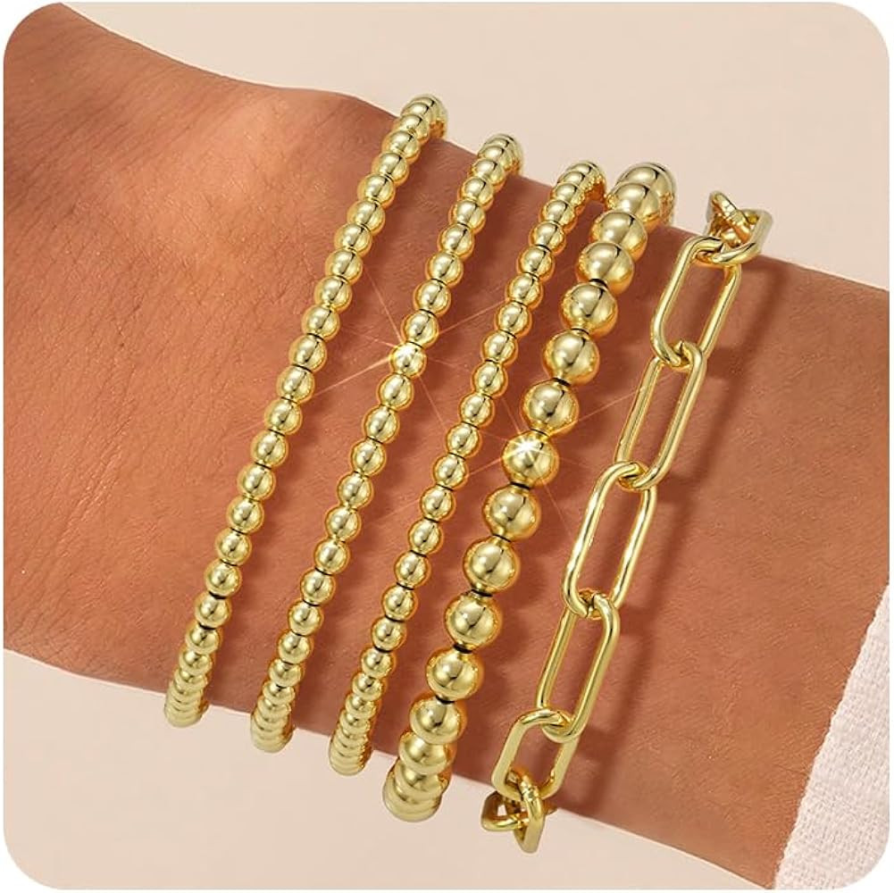 Gold Beaded Bracelet for Women 14K Gold Plated Bracelets Gold Stretch Bead Ball Bracelets Hypoall... | Amazon (US)
