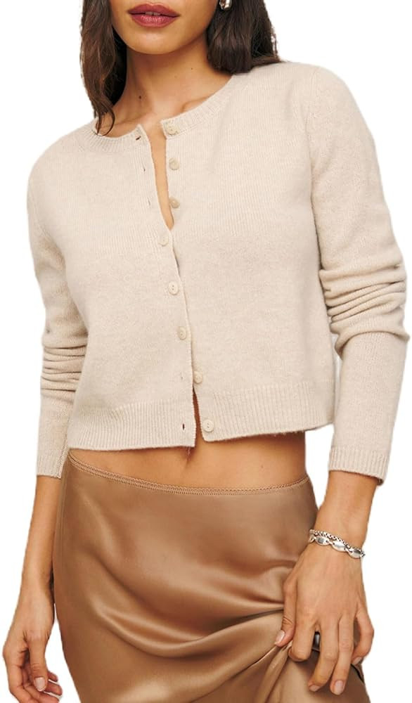 Women Knit Cropped Cardigan Long Sleeve Crewneck Sweater Lightweight Knit Cardigan Casual Fall Go... | Amazon (US)