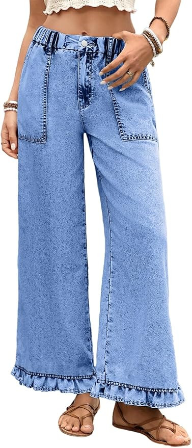 Astylish Wide Leg Jeans for Women Stretch High Wasited Baggy Trendy Denim Jean Ruffle Hem Pants | Amazon (US)