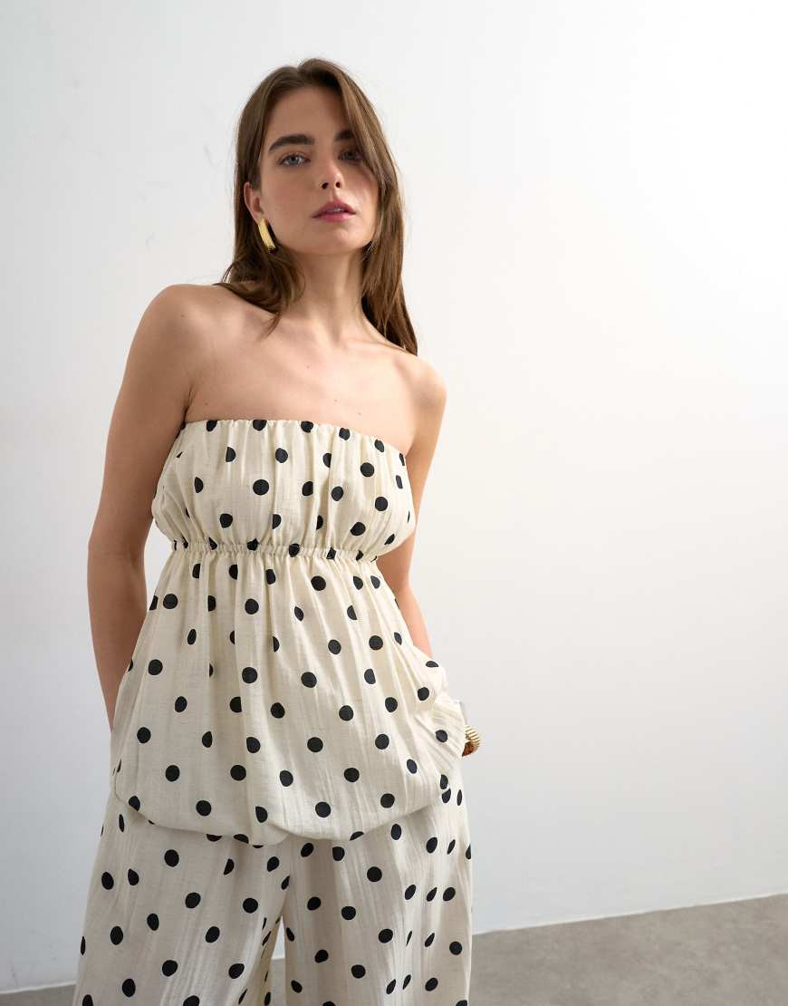 Topshop - Top a fascia in lino a pois con fondo a palloncino-Bianco | ASOS (Global)