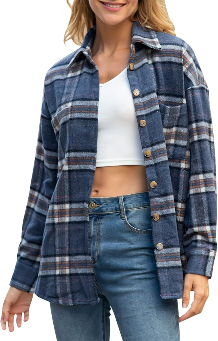 ANRABESS Women's Long Sleeve Button Down Shacket Jacket Plaid Fannel Casual Lapel Oversized Cardigan | Amazon (US)