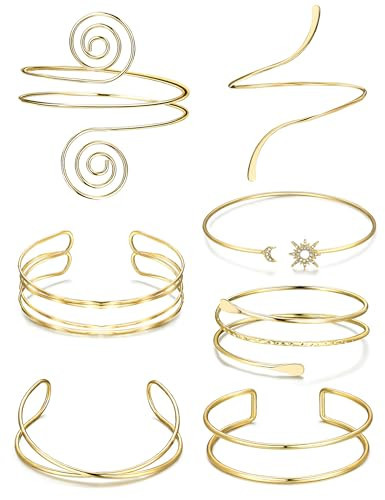 FEYIR 7 Pcs Arm Cuff Jewelry for Women Gold Upper Arm Cuff Bangle Band Armlet Adjustable Arm Cuff Bracelet | Amazon (US)