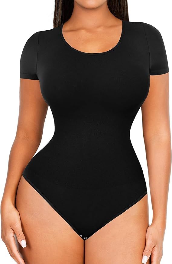 FeelinGirl Seamless Short Sleeve Bodysuit for Women Tummy Control Shapewear Scoop Neck Thong Scul... | Amazon (US)