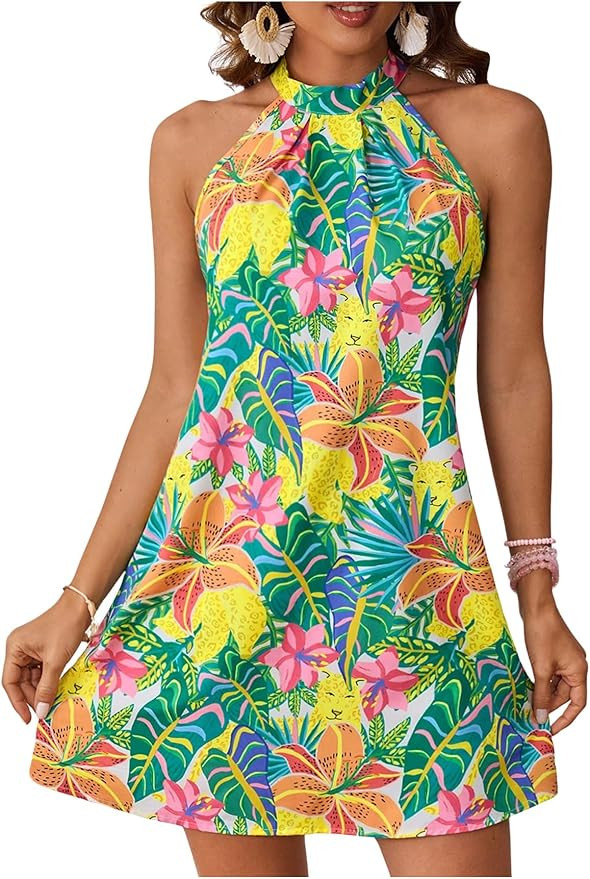 Floerns Women's Sleeveless Floral Print Sundress Halter Neck A Line Short Dress | Amazon (US)