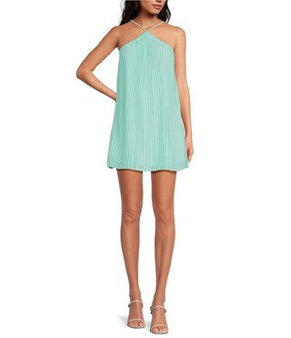 Halter Neck Sleeveless Sunburst Pleated Georgette Mini Dress | Dillard's