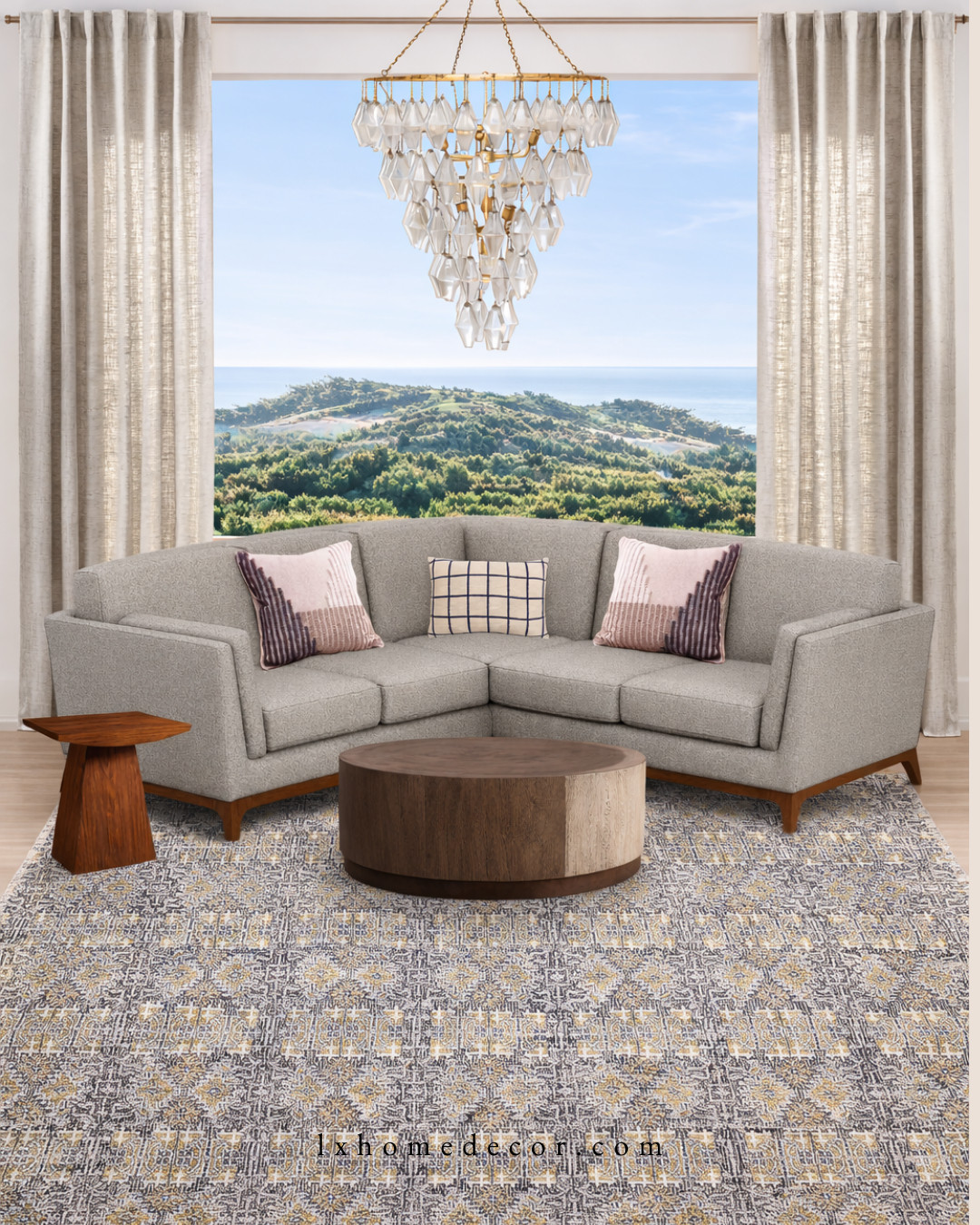 Organic Textures with a View 🏔️✨

This living room edit is all about balancing grand-scale views with grounded, organic textures. The grey L-shaped sectional features clean lines and warm wood legs, paired perfectly with a thick, drum-style wood coffee table. A tiered crystal chandelier adds a touch of high-end polish, while the patterned rug and textured drapes keep the space feeling soft and layered. Shop the look below.

#LTKhome #LivingRoomInspo #ModernOrganic #MountainLiving #InteriorDesign 

 #LTKOver40 #LTKHome #LTKSaleAlert