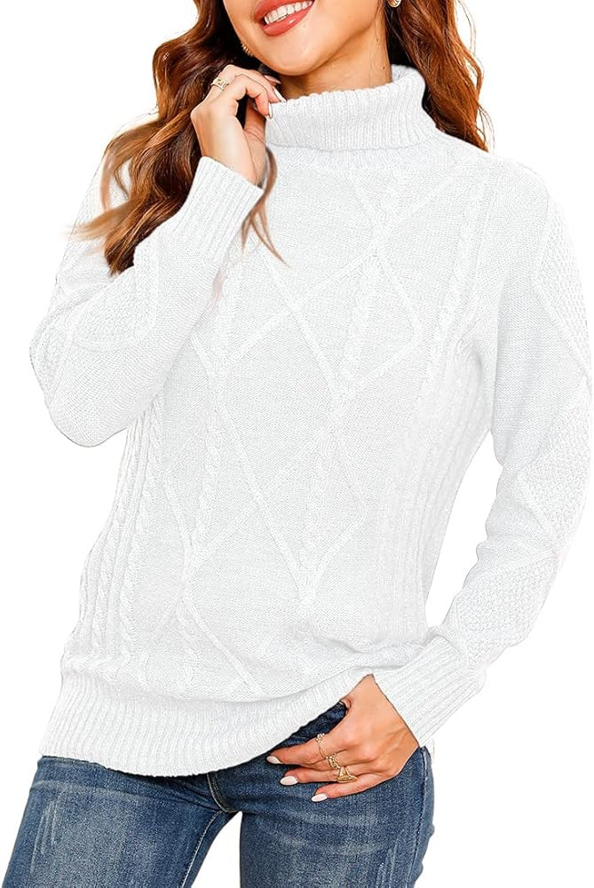 HWOKEFEIYU Women's Turtleneck Long Sleeve Cable Knit Pullover Sweater | Amazon (US)