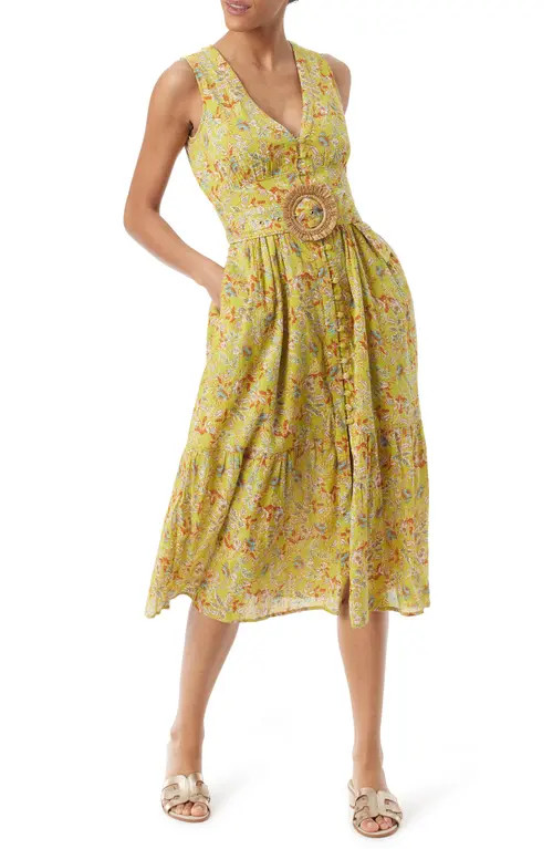 Sam Edelman Selene Floral Belted Cotton Dress in Apple Green Folk Garden at Nordstrom, Size X-Large | Nordstrom