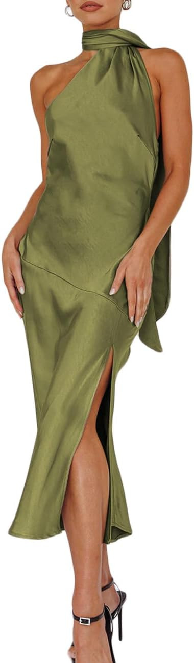 Sexy Satin Backless Halter Wedding Guest Dresses for Women Sleeveless Elegant Cowl Back Slit Midi... | Amazon (US)