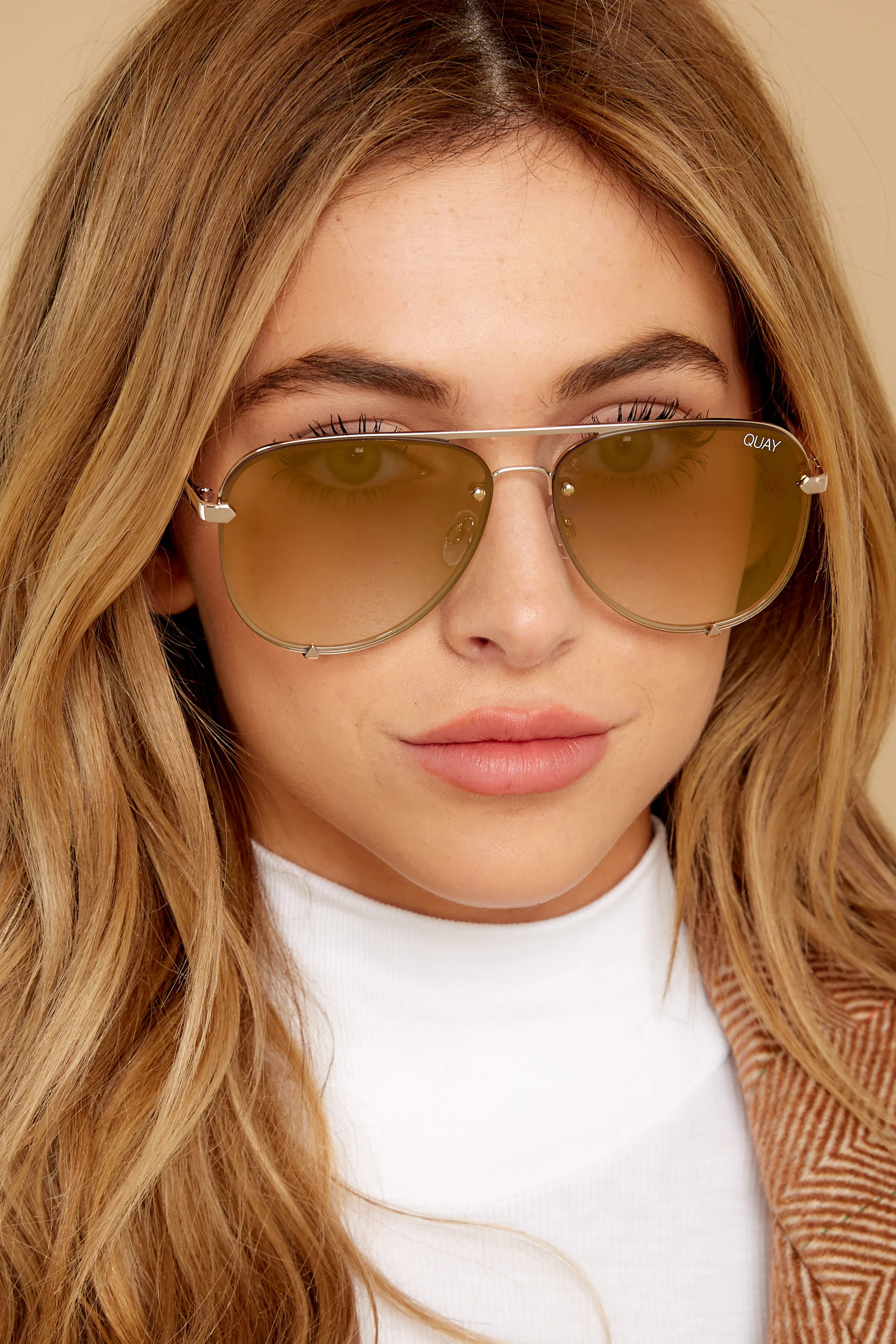 Quay Australia High Key Mini Rimless Gold Brown Sunglasses | Red Dress 