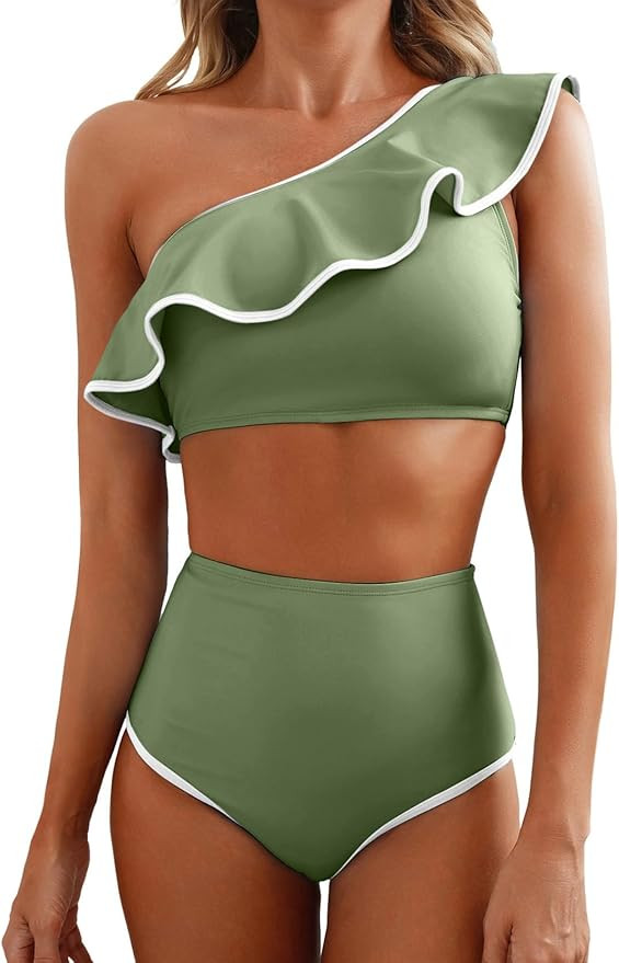 Herseas Women's One Shoulder Bikini Sets Color Block Trim Ruffle Hem Swimsuits Elegant Bathing Su... | Amazon (US)