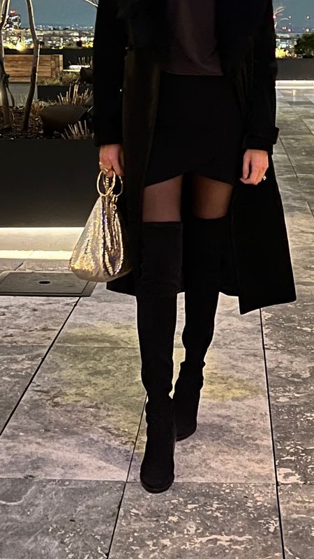 A sparkle bag for date nights and evenings out! Comes with a detachable chain to wear crossbody or on the shoulder. ✨ Also wearing my fave over-the-knee boots and the most flattering and comfortable skirt!

Metallics, gold tone, platino, purse, gold mesh, New York chic, over the knee boots, Sezanne mini skirt, all black look, outfit 

#LTKparties #LTKitbag #LTKfindsunder100
