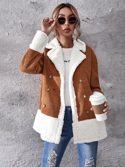 Contrast Shearling Panel Double Breasted Corduroy Coat | SHEIN