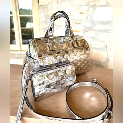 Michael Kors Mason Medium Duffel Satchel Bag Metallic Silver + Double Zip Wallet | eBay US