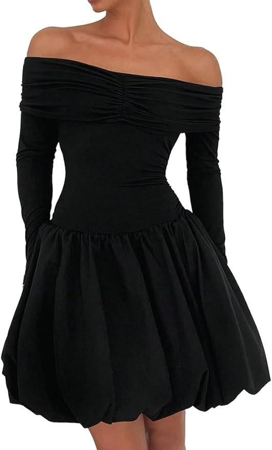 LAGSHIAN Women's Off Shoulder Mini Bubble Dress Long Sleeve Cute Drop Waist A Line Party Dresses | Amazon (US)