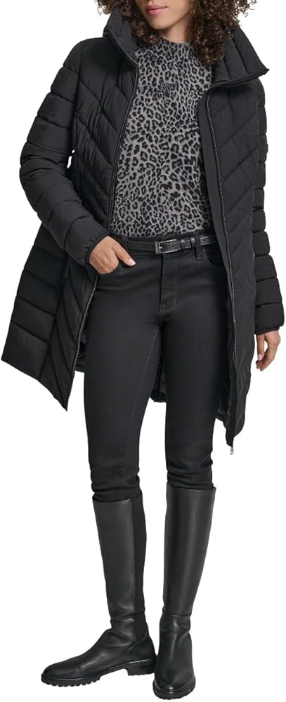 DKNY womens Long Lightweight Hooded Puffer Jacket – Insulated Casual Outerwear | Amazon (US)