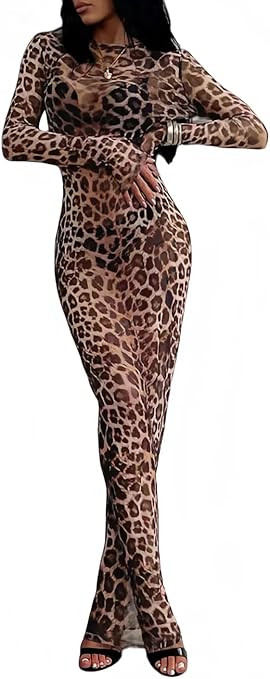 Velius Women Sexy Leopard Print See Through Mesh Long Sleeves Maxi Bodycon Dress | Amazon (US)