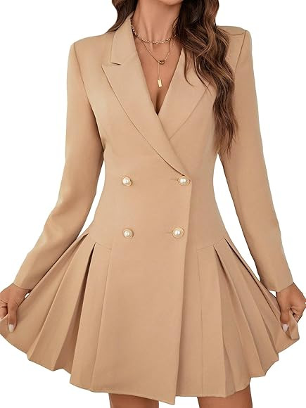 WDIRARA Women's Lapel Neck Double Breasted Pleated Hem Thigh Length Elegant Blazer Dress | Amazon (US)