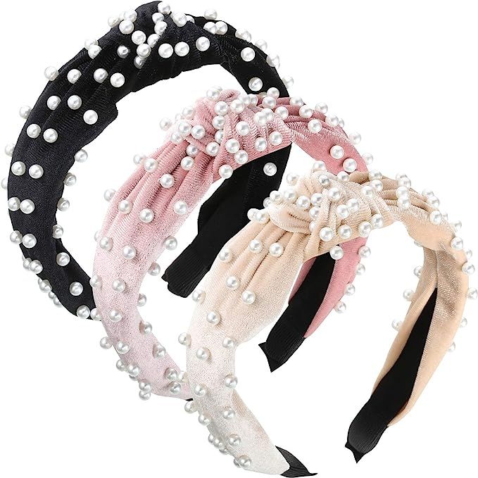 3 Pieces Pearls Headband Wide Hair Hoop Velvet Pearls Headband Vintage Twisted Headwear for Girl ... | Amazon (US)