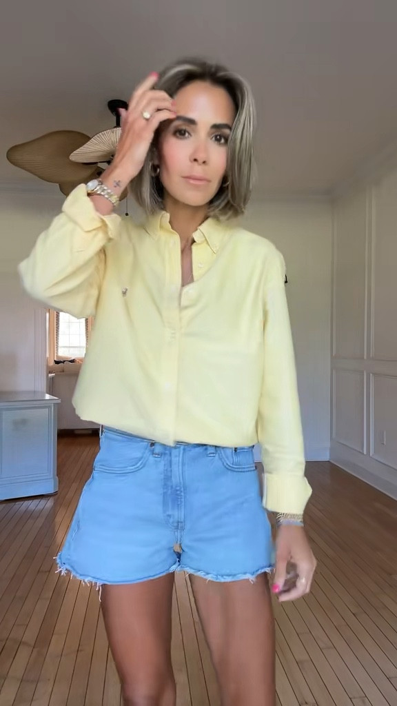 Classic, effortless, and sunshine-ready ☀️ Wearing a yellow Ralph Lauren Oxford (the ultimate summer staple) and my go-to Abercrombie denim shorts. Linked everything for an easy, timeless vibe you’ll wear on repeat! 💛 #LTKStyle #SummerOOTD #RalphLauren #AbercrombieStyle #LTKFinds